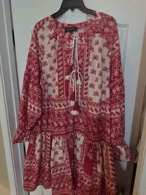 Eloquii Red & Cream Printed Tiered Boho Dress